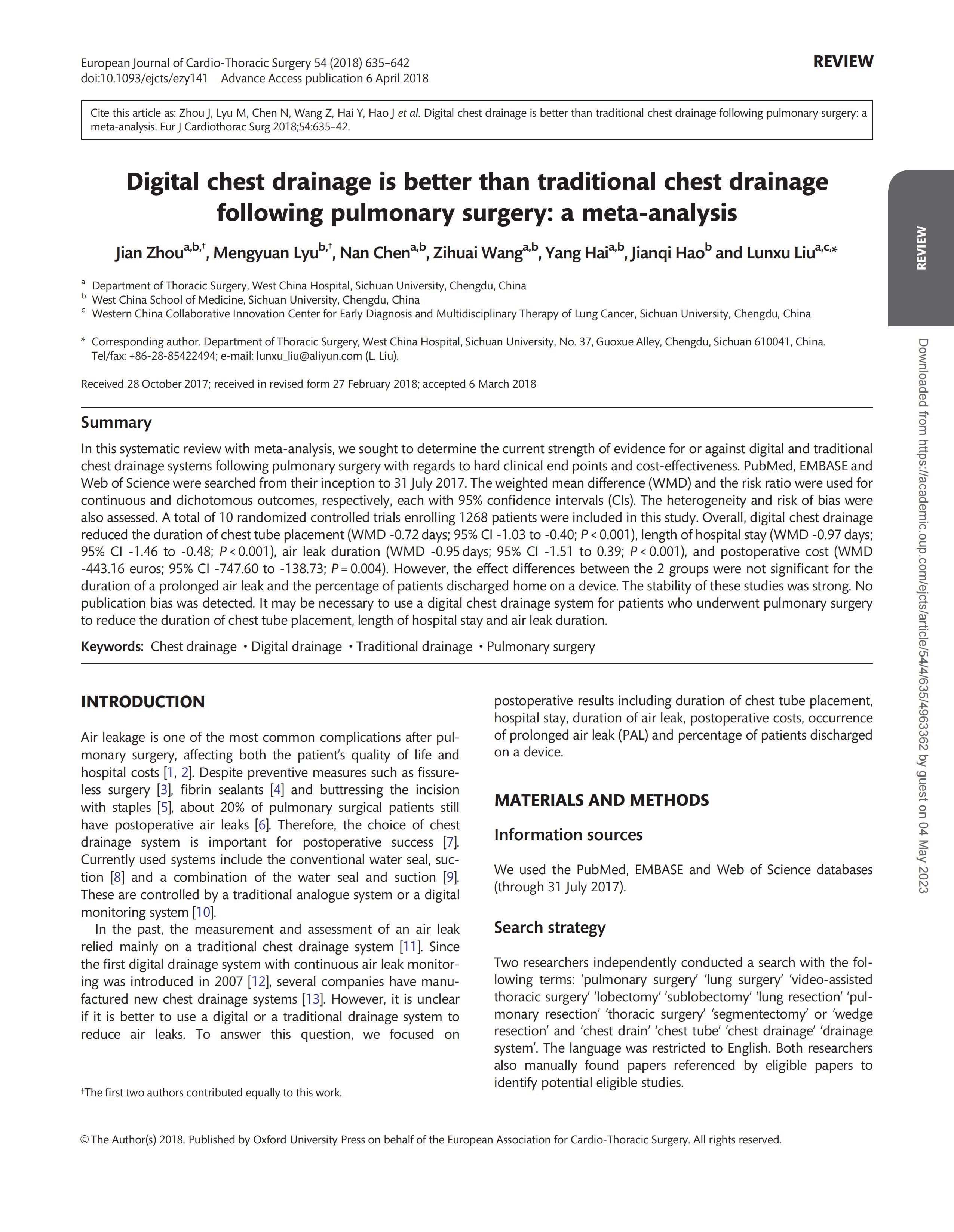 肺部手术后数字化胸腔引流优于传统胸腔引流:一种meta分析