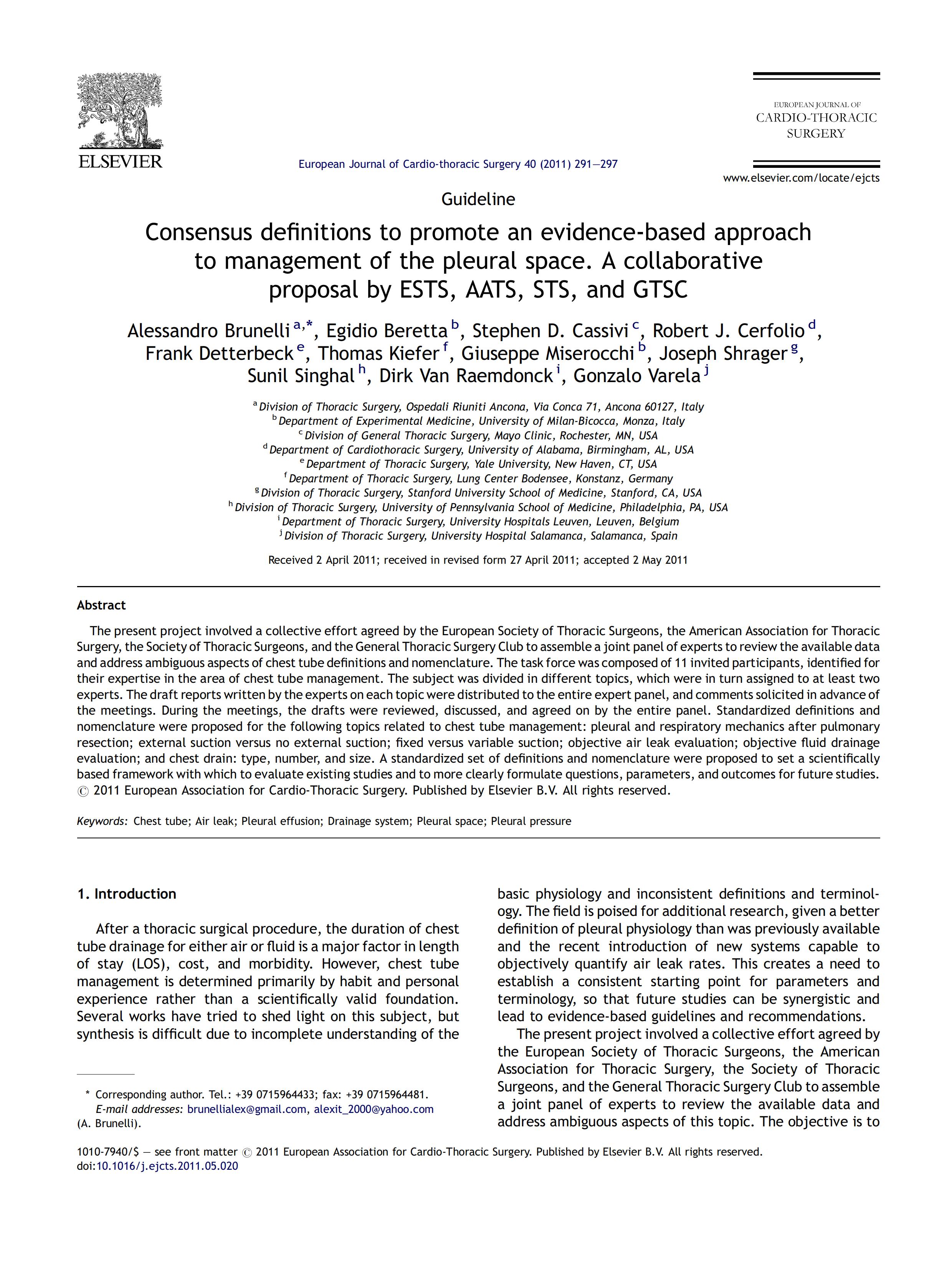 共识定义促进胸膜腔管理的循证方法-ESTS、AATS、STS 和 GTSC 的合作提案